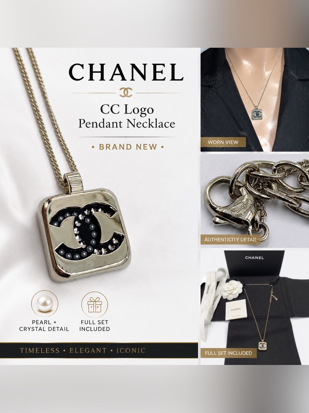 Authentic CHANEL cc logo square pendant necklace with pearl and crystals NEW